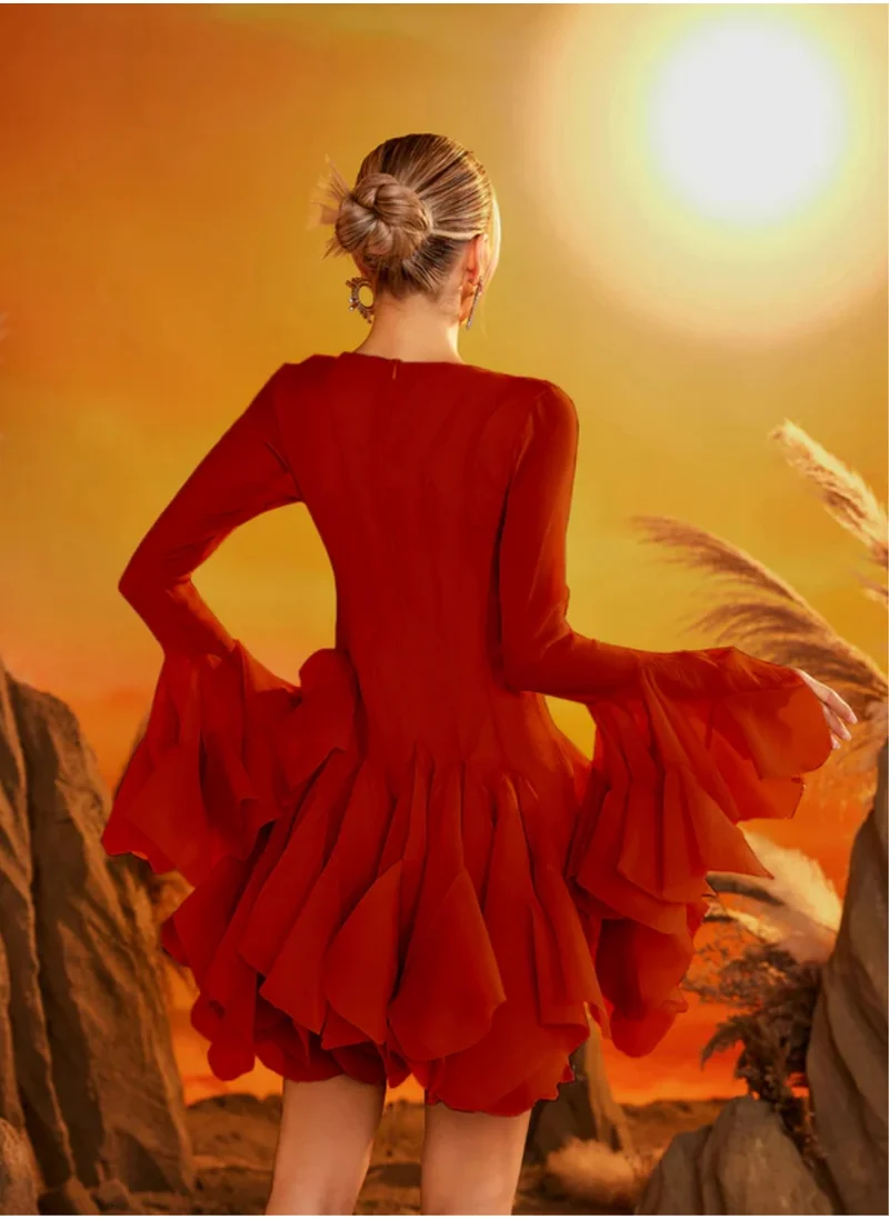 Madam Uniq Single-Breasted Square Neck Ruffle Sleeve Flared Dress
