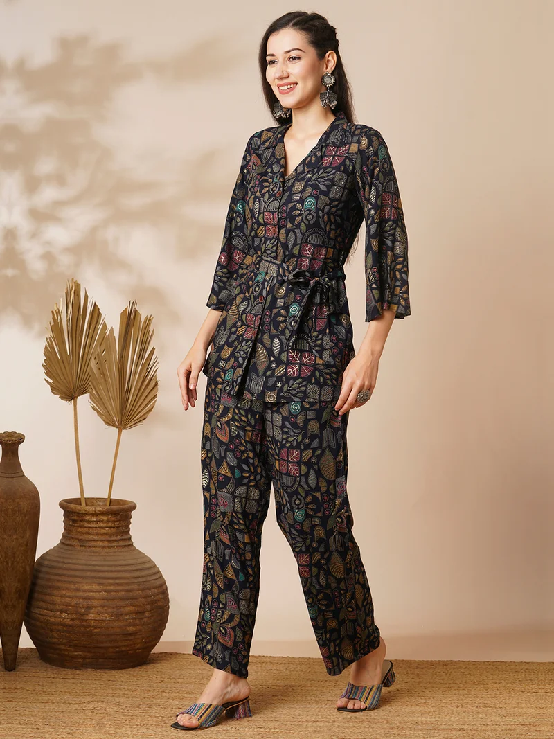 globus Women Blue Abstract Gold Foil Print Shirt Style Top & Pant