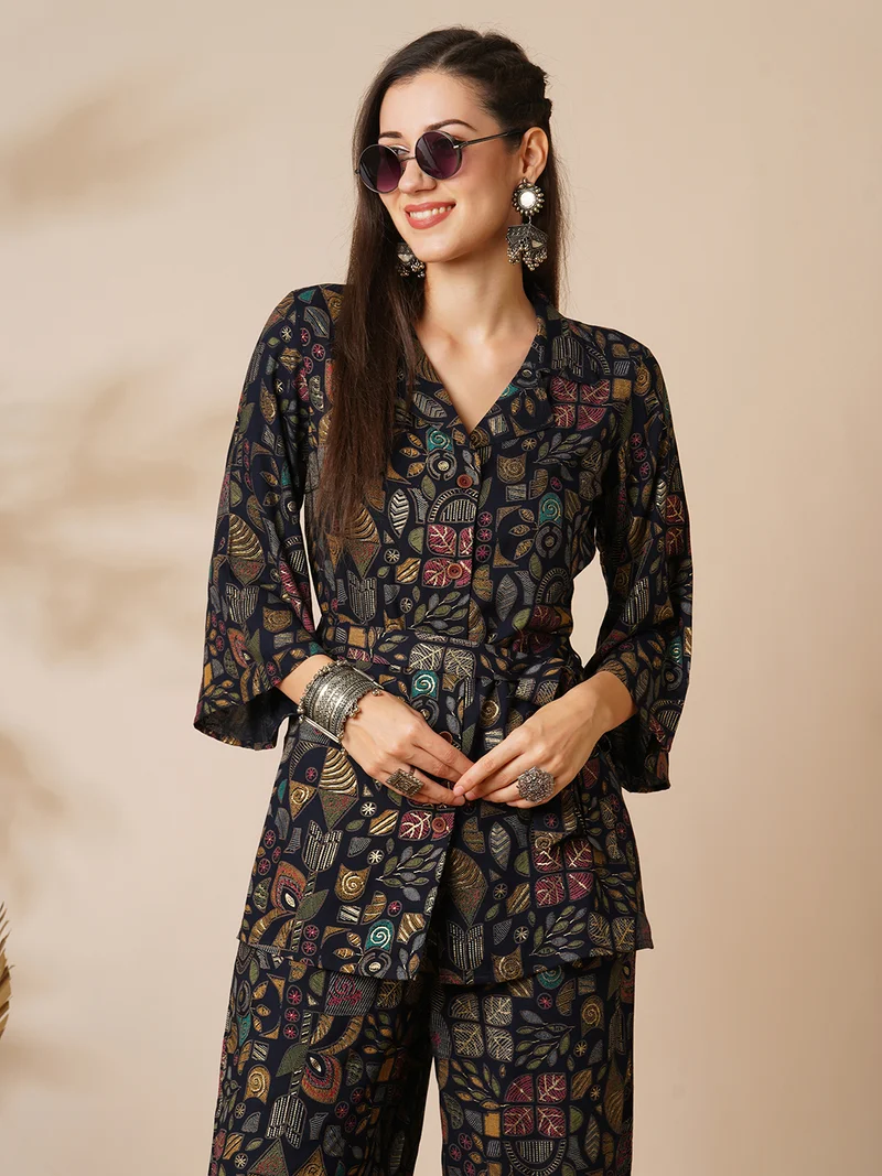 globus Women Blue Abstract Gold Foil Print Shirt Style Top & Pant