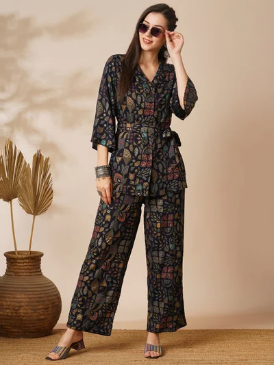 globus Women Blue Abstract Gold Foil Print Shirt Style Top & Pant