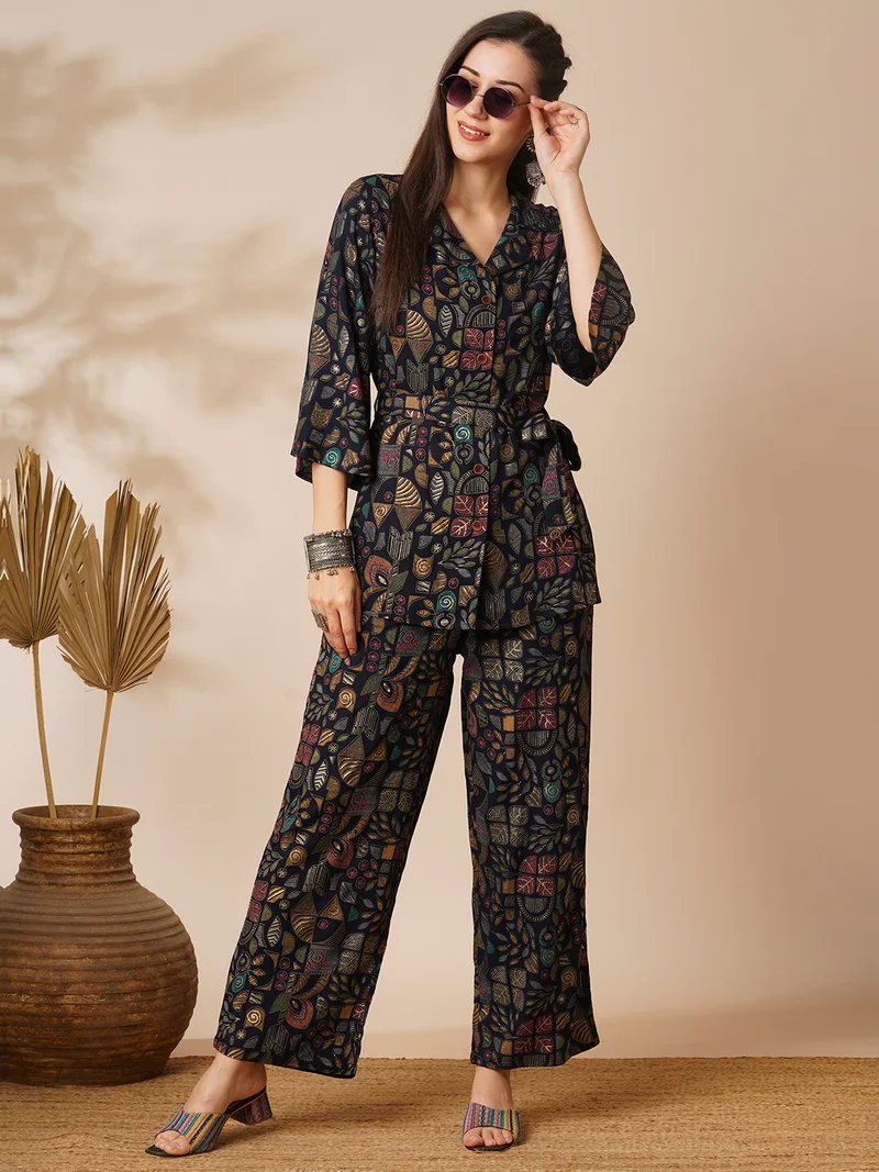 globus Women Blue Abstract Gold Foil Print Shirt Style Top & Pant
