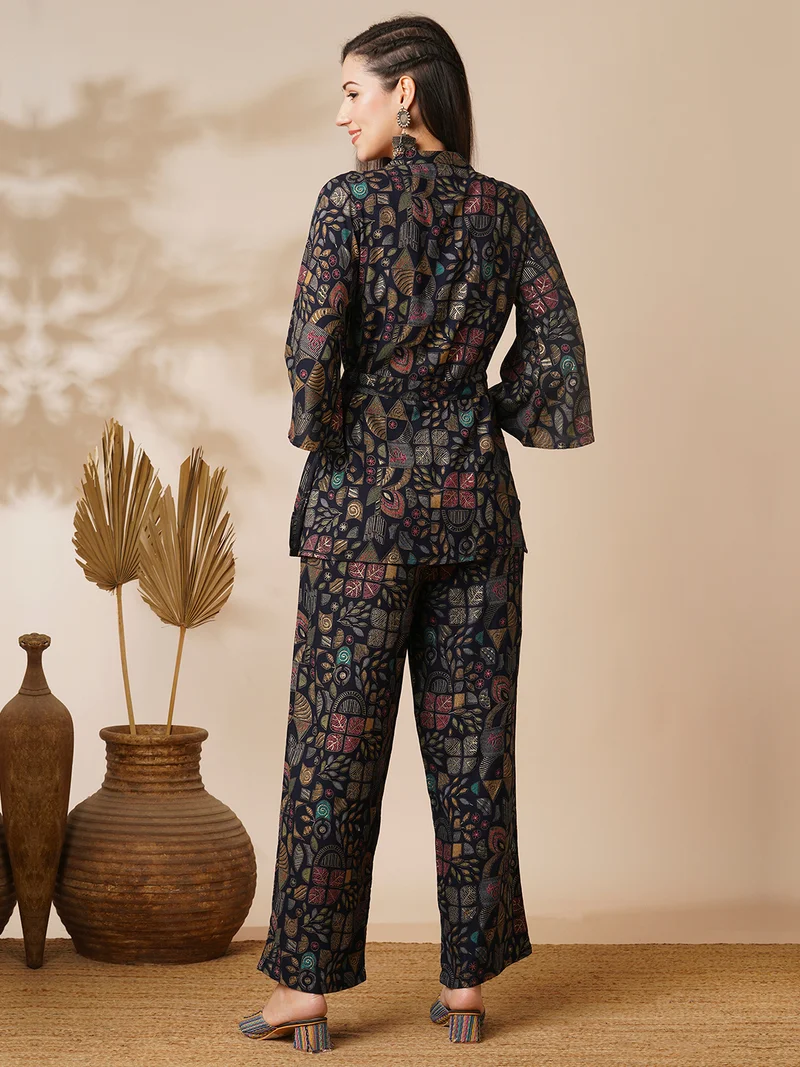 globus Women Blue Abstract Gold Foil Print Shirt Style Top & Pant