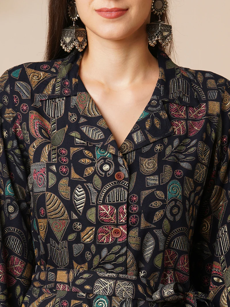 globus Women Blue Abstract Gold Foil Print Shirt Style Top & Pant
