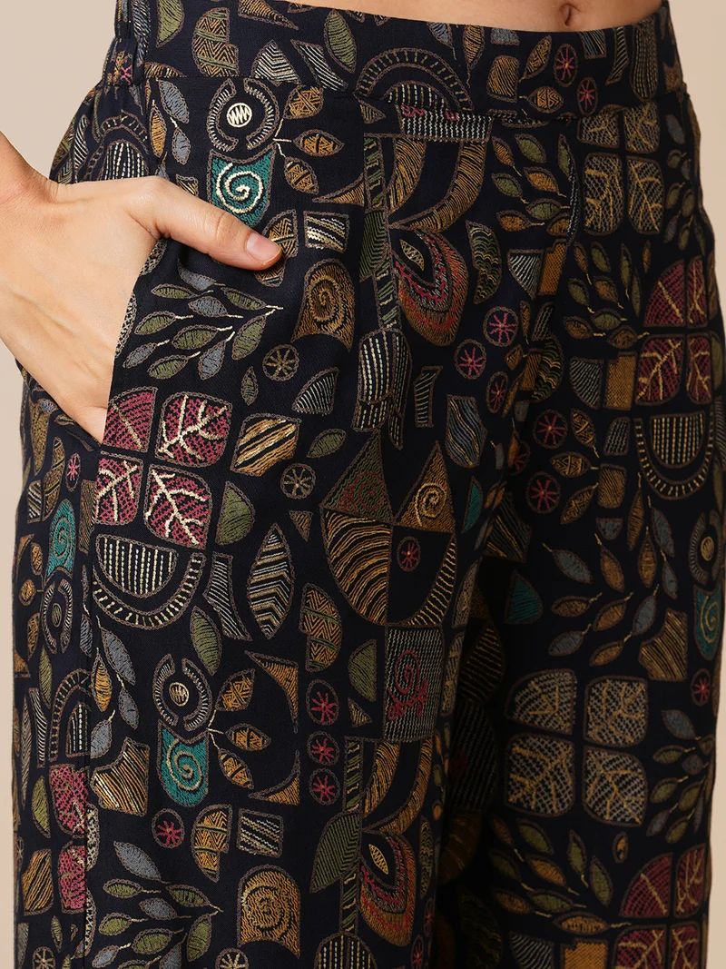 globus Women Blue Abstract Gold Foil Print Shirt Style Top & Pant