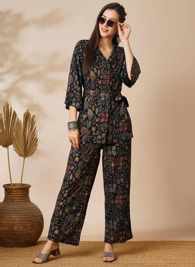 globus Globus Women Blue Abstract Gold Foil Print Shirt Style Top & Pant