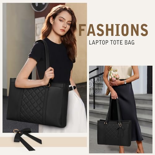 RAINSMORE Laptop Bag for Women 15.6 Inch Work Tote Bags Waterproof Leather Laptop Tote Professional Computer Briefcase Large Capacity Handbag for Office Teacher Travel, Black - Image 2