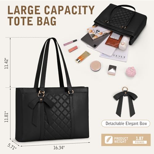 RAINSMORE Laptop Bag for Women 15.6 Inch Work Tote Bags Waterproof Leather Laptop Tote Professional Computer Briefcase Large Capacity Handbag for Office Teacher Travel, Black - Image 4