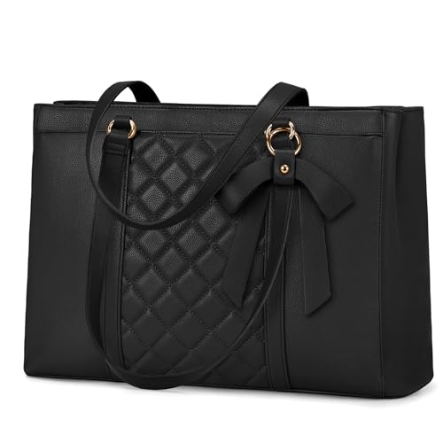 RAINSMORE Laptop Bag for Women 15.6 Inch Work Tote Bags Waterproof Leather Laptop Tote Professional Computer Briefcase Large Capacity Handbag for Office Teacher Travel, Black - Image 1