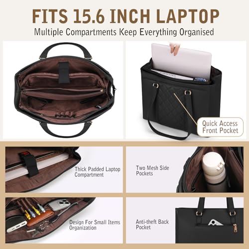 RAINSMORE Laptop Bag for Women 15.6 Inch Work Tote Bags Waterproof Leather Laptop Tote Professional Computer Briefcase Large Capacity Handbag for Office Teacher Travel, Black - Image 3