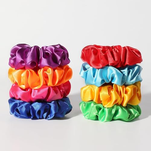 OBLETTER Neon Satin Scrunchies for Hair (8 Pcs) – Large Silk Hair Ties for Women & Girls | Soft Non-Damage Hair Bands, Vibrant Colors, Strong Elastic - Image 1