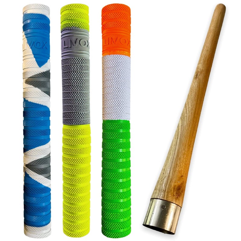 LIVOX Cricket Bat Handle Grip Rubber & Wood Material Cricket Accessories Bat Grip Cone for Better Shock Absorption Bat Grips, 3 Bat Grips & 1 Bat Cone - Image 1