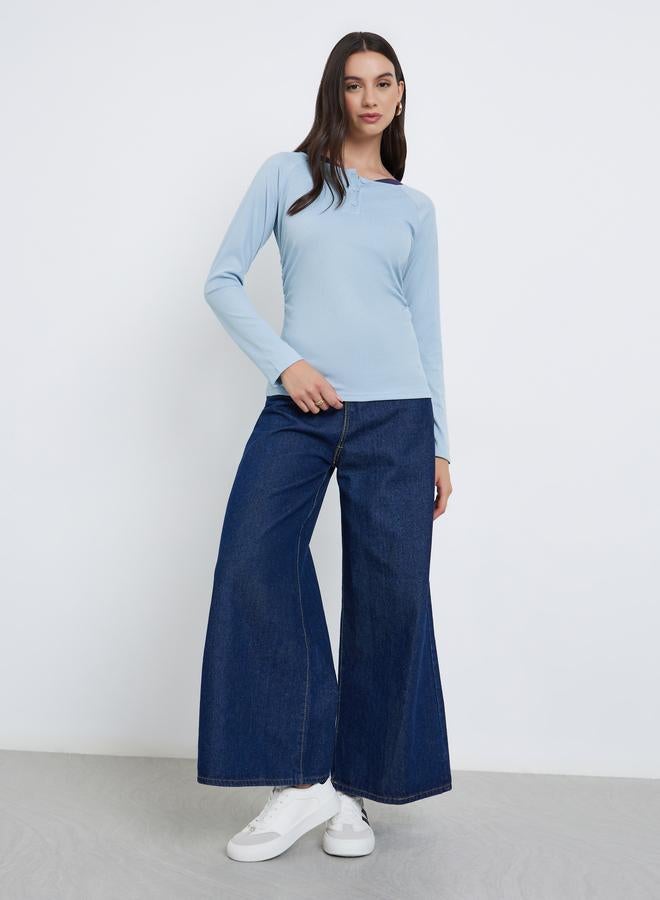 Styli Blue Long Sleeve Henley T-Shirt - Image 2