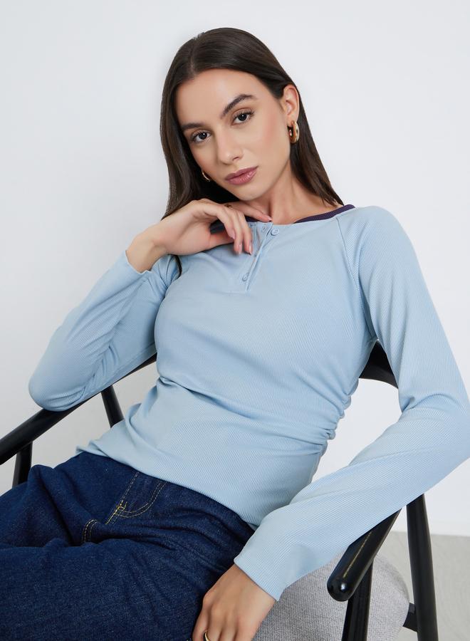 Styli Blue Long Sleeve Henley T-Shirt - Image 1