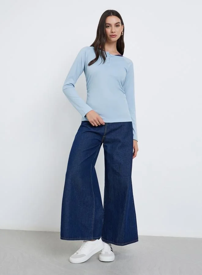 Styli Styli Blue Long Sleeve Henley T-Shirt