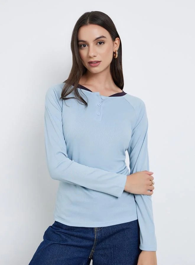 Styli Styli Blue Long Sleeve Henley T-Shirt