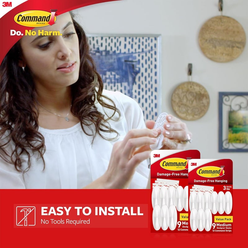 Command Medium Designer Hooks, Damage Free Hanging Wall Hooks with Adhesive Strips, No Tools Wall Hooks for Hanging Decorations in Living Spaces, 18 White Hooks and 24 Strips - Image 3