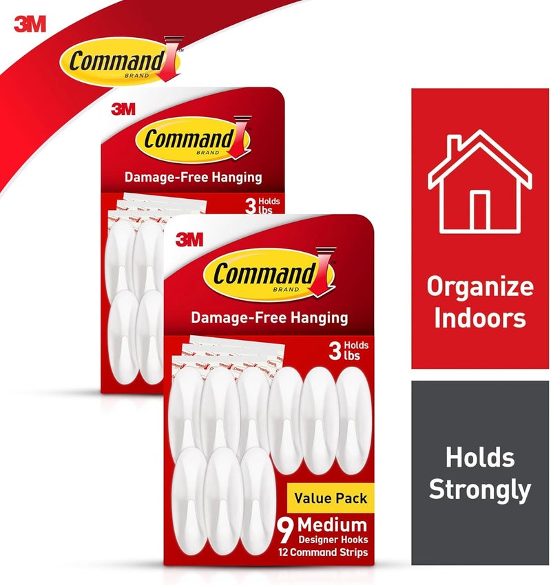 Command Medium Designer Hooks, Damage Free Hanging Wall Hooks with Adhesive Strips, No Tools Wall Hooks for Hanging Decorations in Living Spaces, 18 White Hooks and 24 Strips - Image 5