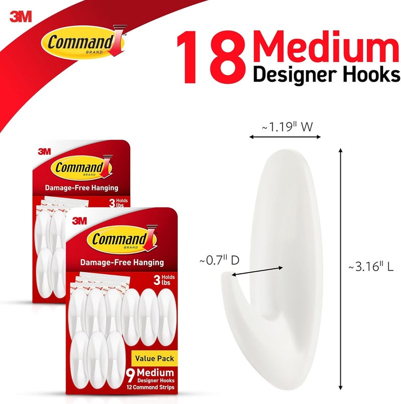 Command Medium Designer Hooks, Damage Free Hanging Wall Hooks with Adhesive Strips, No Tools Wall Hooks for Hanging Decorations in Living Spaces, 18 White Hooks and 24 Strips - Image 2