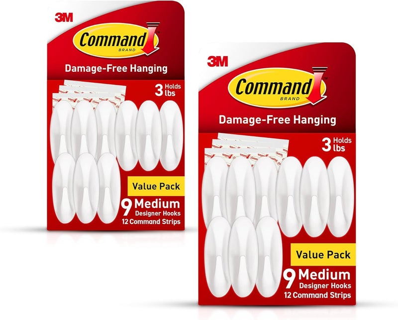 Command Medium Designer Hooks, Damage Free Hanging Wall Hooks with Adhesive Strips, No Tools Wall Hooks for Hanging Decorations in Living Spaces, 18 White Hooks and 24 Strips - Image 1