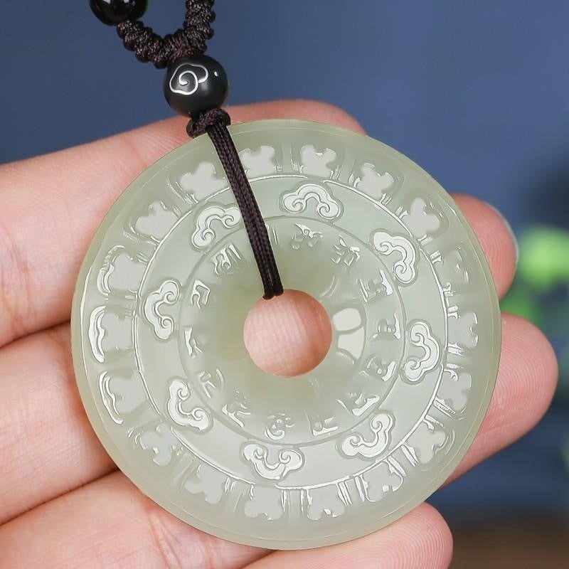 Qi Ta Natural Afghan Jade Peace Buckle Pendant in Pale Blue with Six-Character Mantra, Clear Water Green and Auspicious Cloud Design - Image 3