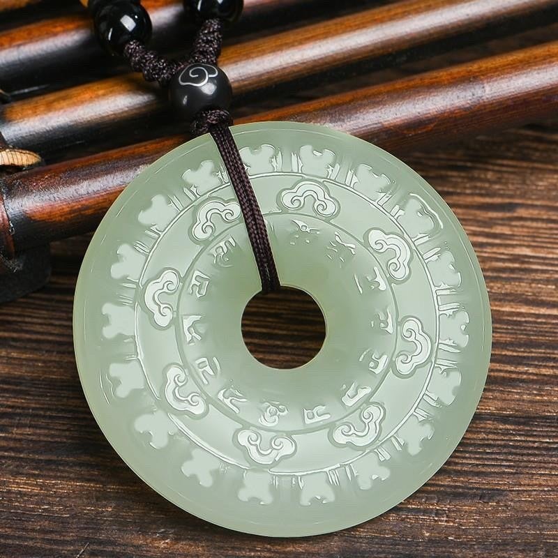 Qi Ta Natural Afghan Jade Peace Buckle Pendant in Pale Blue with Six-Character Mantra, Clear Water Green and Auspicious Cloud Design - Image 2