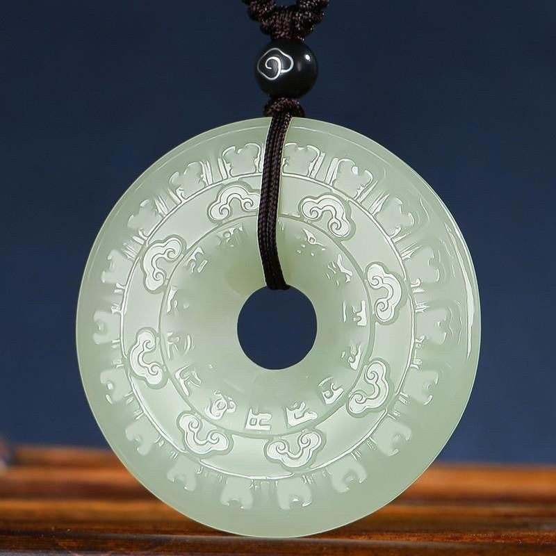 Qi Ta Natural Afghan Jade Peace Buckle Pendant in Pale Blue with Six-Character Mantra, Clear Water Green and Auspicious Cloud Design - Image 4