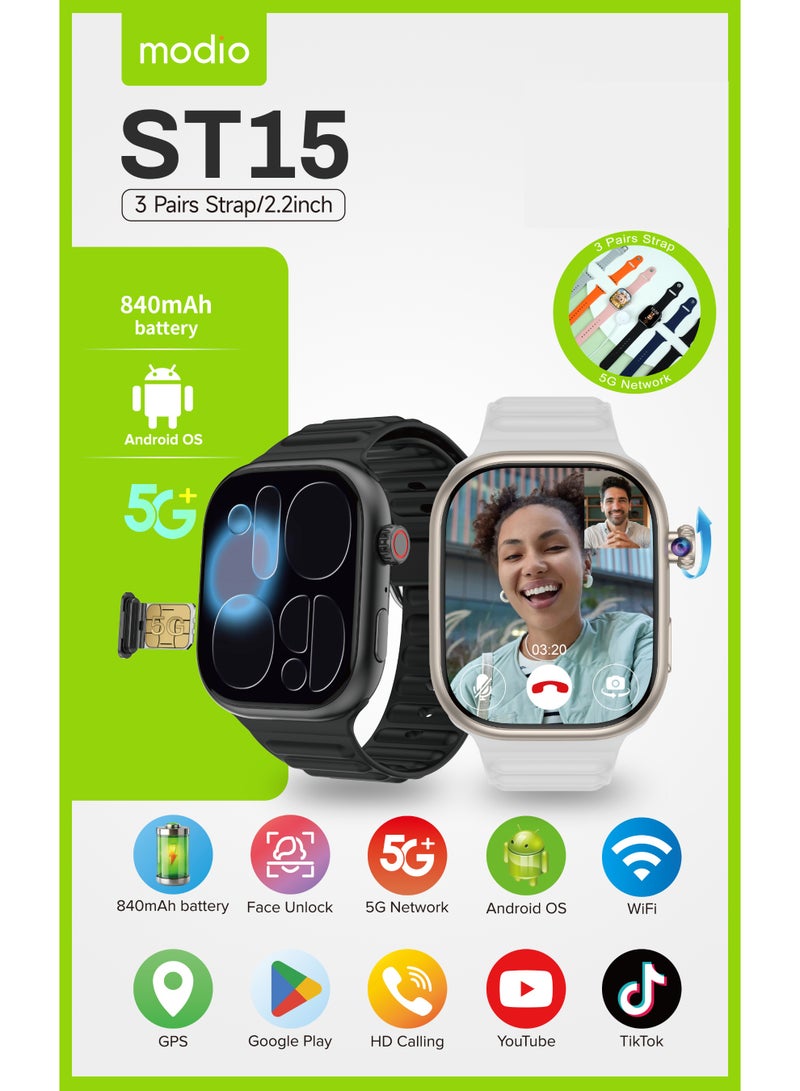 Modio ST15 5G Android Smartwatch 2.2 Inch Display 5G Sim Card Support Built In Camera and 3 Pair Straps Designed for Ladies and Gents Gold - Image 3