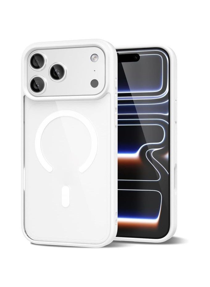 جراب مغناطيسي لهاتف iPhone 17 Pro، حماية عالية الجودة من السقوط مع شريط مقاوم للصدمات، جراب خلفي شفاف لامع للهاتف | أبيض