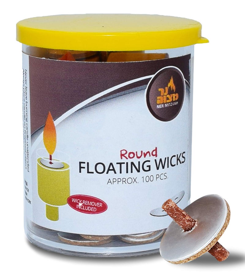 Ner Mitzvah Round Floating Wicks, Cotton Wicks and Cork Disc Holders for Oil Cups, Bonus Wick Removal Tweezers - 100 Count (Approx.) - Image 1