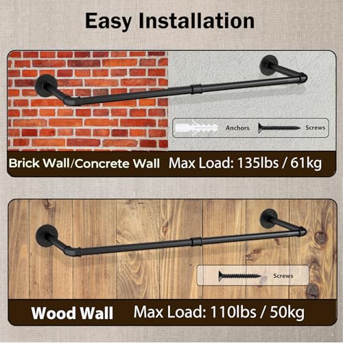 UlSpeed Wall Mounted Clothes Rack 24in, Industrial Pipe Wall Mount Clothing Rack, Heavy Duty Iron Garment Racks, Space Saver Multi-purpose Hanging Rod for Laundry Room, Closet Storage, 1 Pack - Image 3