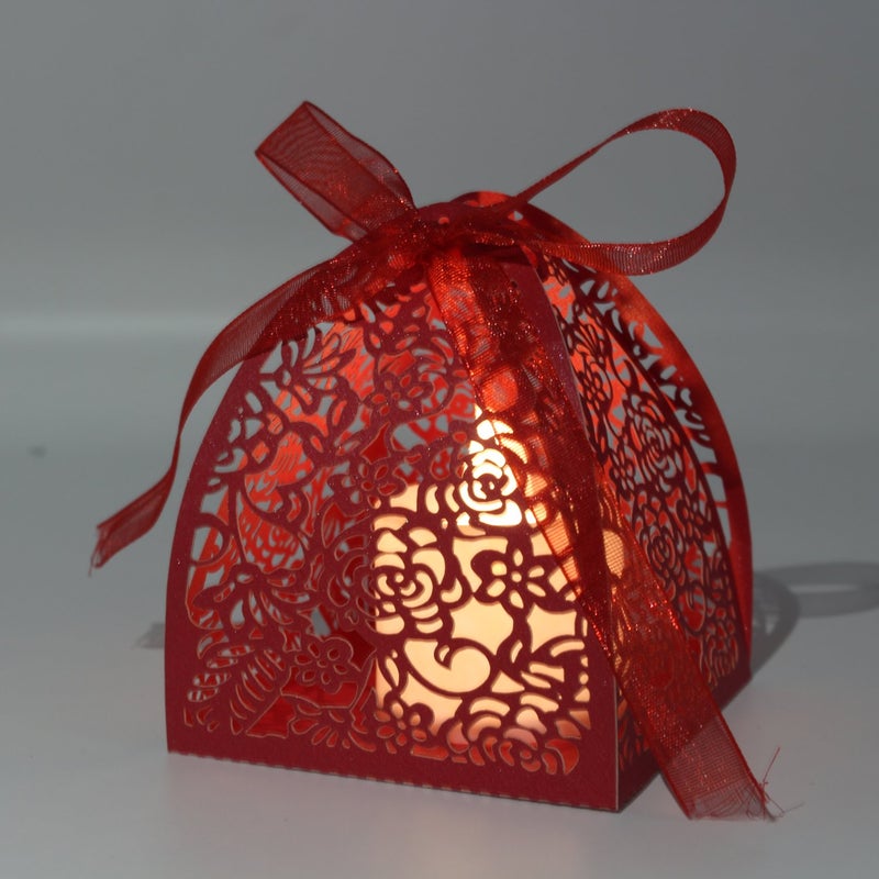 Pack of 50 Laser Cut Rose Candy Boxes, Favor Boxes 2.5"x 2.5"x 3.1", Gift Boxes Bridal Shower Anniverary Birthday Party Wedding Favor (Red)