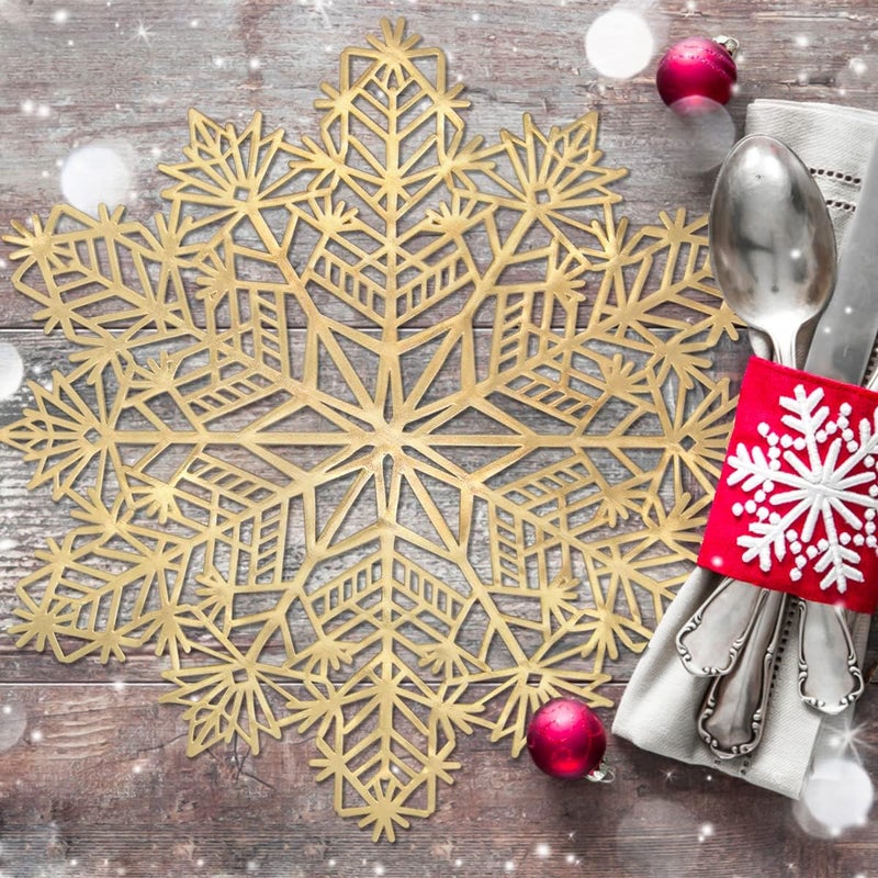 timecity Snowflake Placemats Set of 4 Christmas Decorations Gold Snowflake Tablemats Round Vinyl Place Mats Table Setting Kitchen Table Mats for Dining Table Holiday Wedding Decorative - Image 4