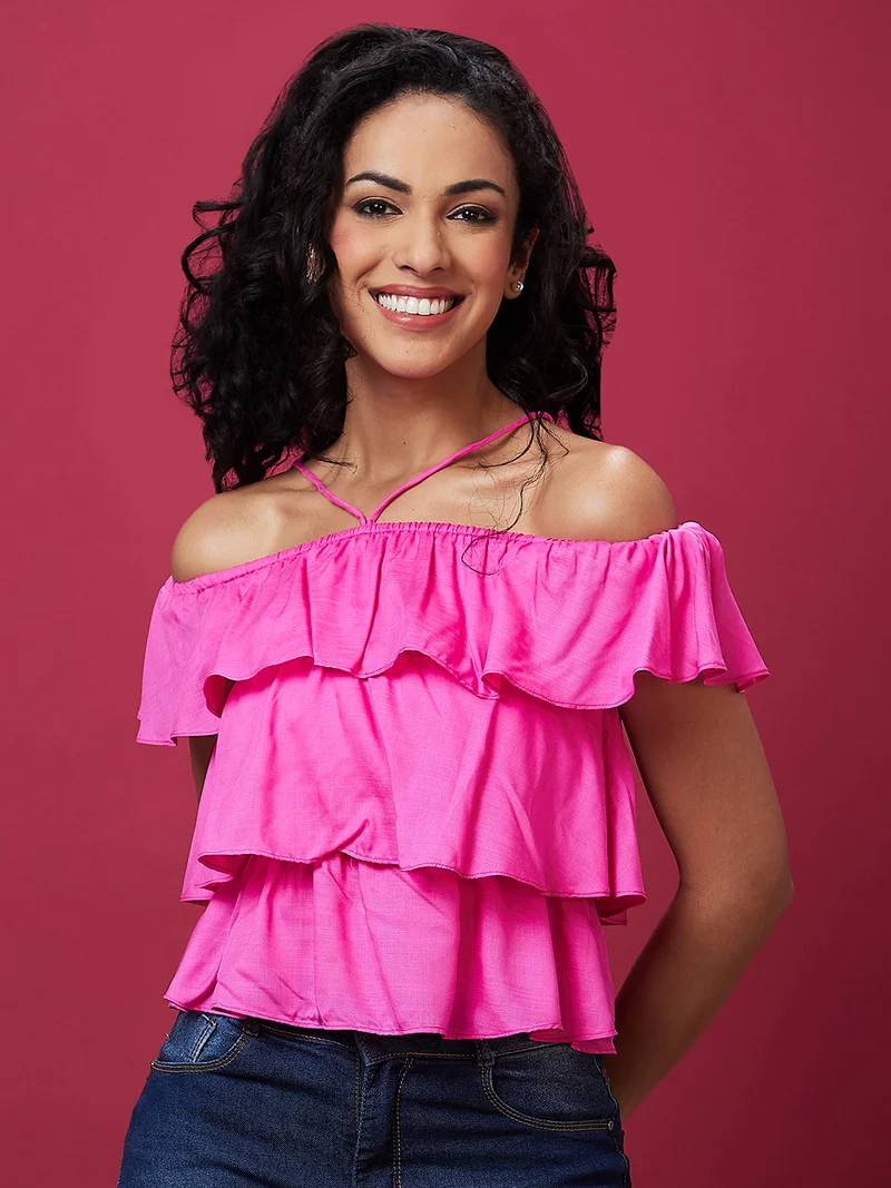 globus Women Off-Shoulder Neck Layered Tiered Top