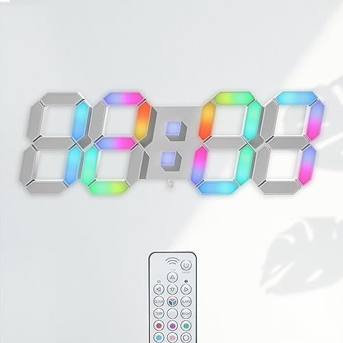KOSUMOSU LED Wall Clock 15" RGB Digital LED Clock for Living Room Decor, Large Display Gaming Room Clocks, Dimming/12/24 Hr Time/Date/Temp/Remote (White Clock with Neon Light) - Image 1