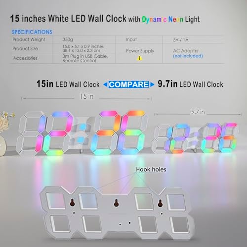 KOSUMOSU LED Wall Clock 15" RGB Digital LED Clock for Living Room Decor, Large Display Gaming Room Clocks, Dimming/12/24 Hr Time/Date/Temp/Remote (White Clock with Neon Light) - Image 3