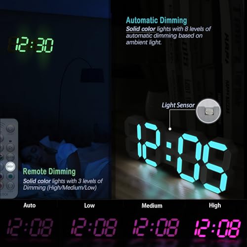 KOSUMOSU LED Wall Clock 15" RGB Digital LED Clock for Living Room Decor, Large Display Gaming Room Clocks, Dimming/12/24 Hr Time/Date/Temp/Remote (White Clock with Neon Light) - Image 4