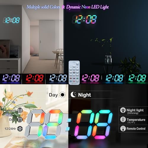 KOSUMOSU LED Wall Clock 15" RGB Digital LED Clock for Living Room Decor, Large Display Gaming Room Clocks, Dimming/12/24 Hr Time/Date/Temp/Remote (White Clock with Neon Light) - Image 2