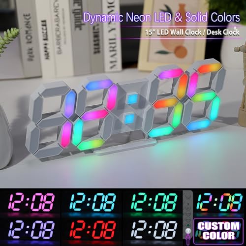 KOSUMOSU LED Wall Clock 15" RGB Digital LED Clock for Living Room Decor, Large Display Gaming Room Clocks, Dimming/12/24 Hr Time/Date/Temp/Remote (White Clock with Neon Light) - Image 5
