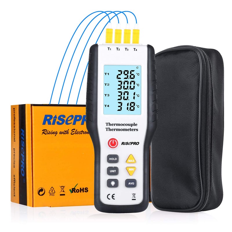 RISEPRO Thermocouple Thermometer, RISEPRO 4 Channel K Type Digital Thermometer Thermocouple -200~1372Â°C/2501Â°F Sensor HT-9815 - Image 1