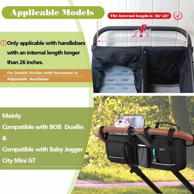 HODRANT Double Stroller Organizer Compatible with BOB Duallie & Compatible with Baby Jogger City Mini GT2 Stroller, Double Stroller Parent Console with Detachable Cooler & Cup Holder, Patent Pending - Image 2