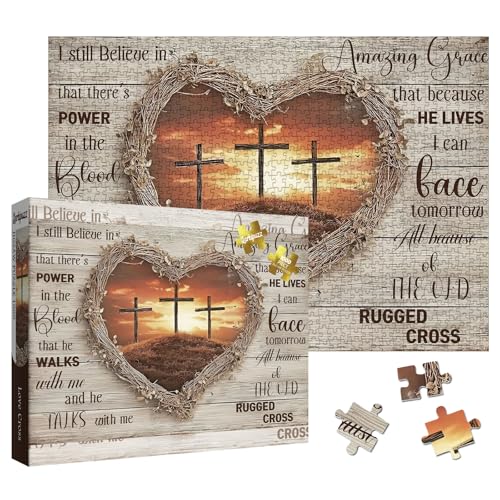 Larkipuzz Christian Heart Cross Puzzles for Adults 1000 Pieces Vintage Love Religious Bible Jigsaw Puzzle Inspirational Scripture Sunset Landscape Puzzle - Image 1