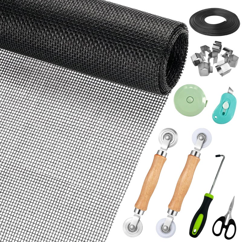 Ghguole Window Screen ReplacementScreen Door Repair Kit 48x178 Black Window Screen MeshIncluding 50 FT SplinesHooks2 Rollers8 ClipsScissorsKnifeTape MeasureFully Equipped Window Screen Repair Kit - Image 2