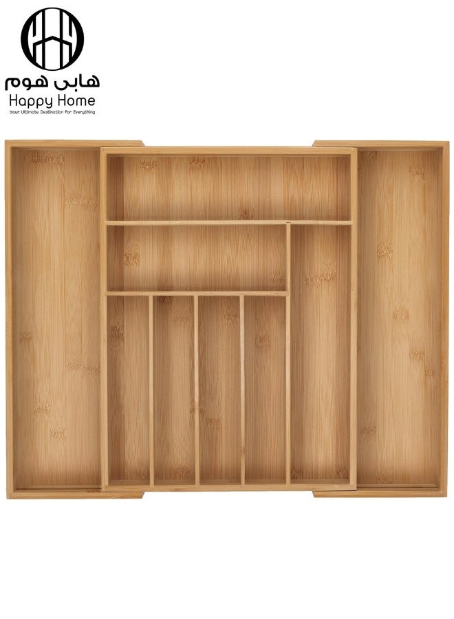 هابي هوم منظم أدراج قابل للتوسيع مقسم الى 9 أقسام من الخيزران لحامل الأدوات، صينية أدوات مائدة قابلة للتعديل، منظم فواصل أدراج خشبية لأدوات المائدة الفضية، أدوات المائدة، السكاكين في المطبخ، غرفة النوم، غرفة المعيشة - Image 1