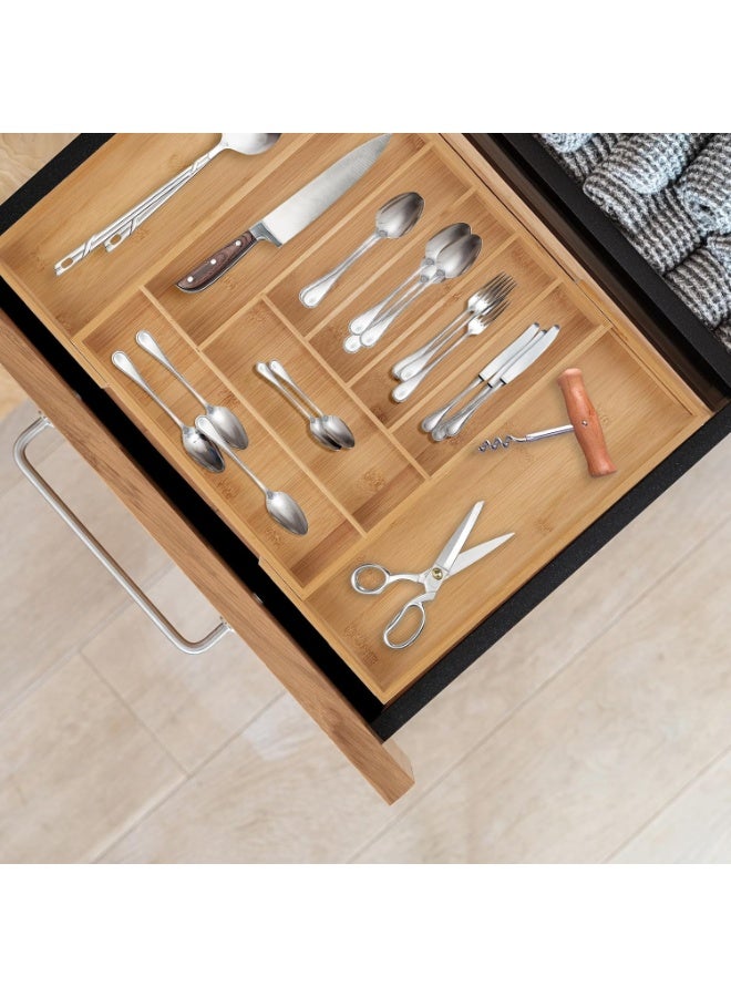 هابي هوم منظم أدراج قابل للتوسيع مقسم الى 9 أقسام من الخيزران لحامل الأدوات، صينية أدوات مائدة قابلة للتعديل، منظم فواصل أدراج خشبية لأدوات المائدة الفضية، أدوات المائدة، السكاكين في المطبخ، غرفة النوم، غرفة المعيشة - Image 4