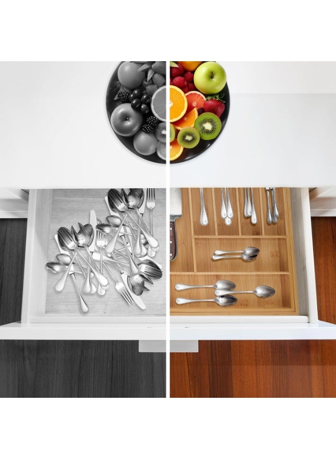 هابي هوم منظم أدراج قابل للتوسيع مقسم الى 9 أقسام من الخيزران لحامل الأدوات، صينية أدوات مائدة قابلة للتعديل، منظم فواصل أدراج خشبية لأدوات المائدة الفضية، أدوات المائدة، السكاكين في المطبخ، غرفة النوم، غرفة المعيشة - Image 5