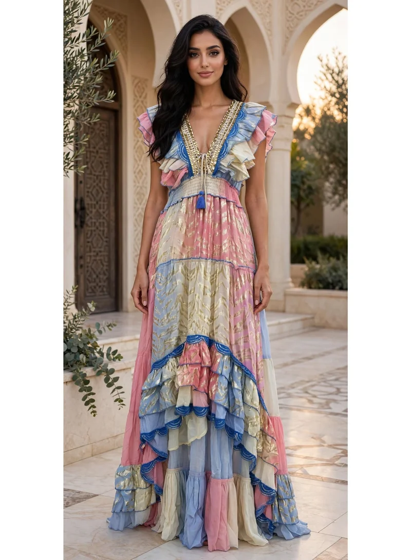 Tiered Metallic V Neck Maxi Jalabiya