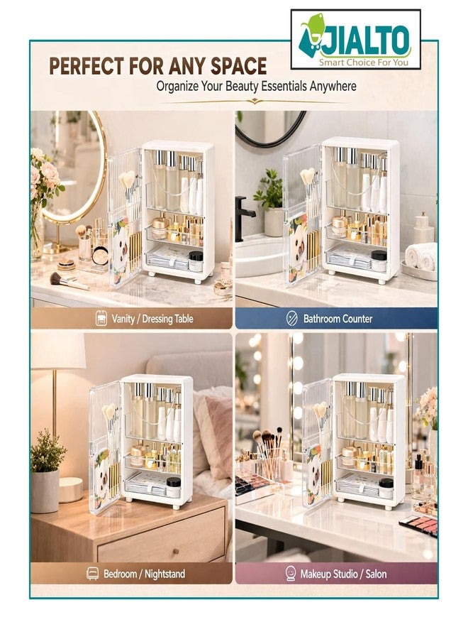 JIALTO Bathroom Cosmetic Organizer Box with Door & Drawer– Multi Layer Makeup Storage Cabinet with Brush Holder, Skincare & Vanity Organizer for Dressing Table & Countertop - (41HX28LX18W CM, White) - Image 4