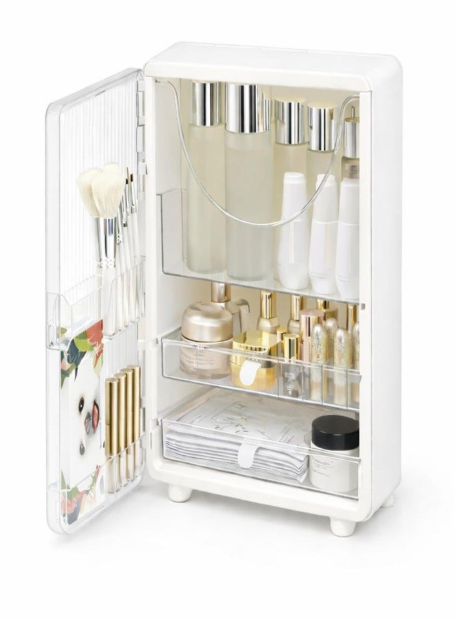 JIALTO Bathroom Cosmetic Organizer Box with Door & Drawer– Multi Layer Makeup Storage Cabinet with Brush Holder, Skincare & Vanity Organizer for Dressing Table & Countertop - (41HX28LX18W CM, White) - Image 1
