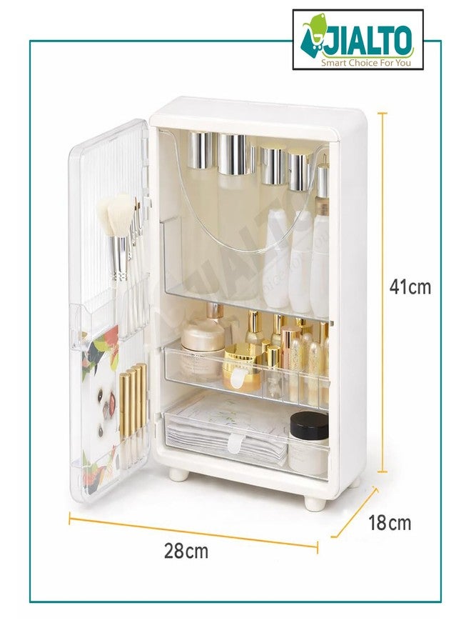 JIALTO Bathroom Cosmetic Organizer Box with Door & Drawer– Multi Layer Makeup Storage Cabinet with Brush Holder, Skincare & Vanity Organizer for Dressing Table & Countertop - (41HX28LX18W CM, White) - Image 2