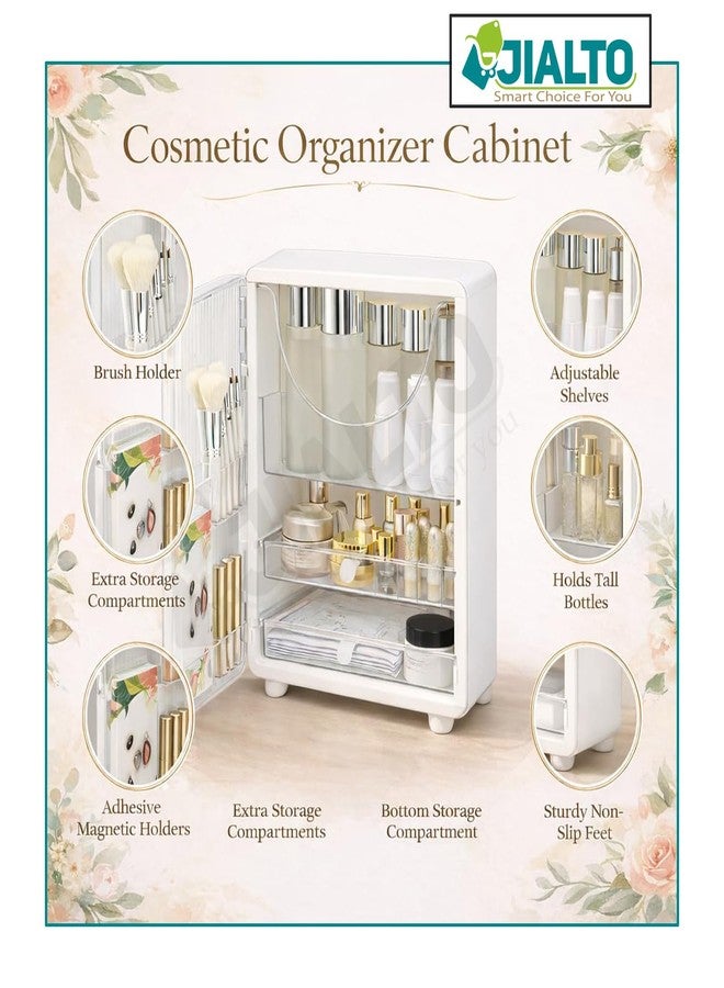 JIALTO Bathroom Cosmetic Organizer Box with Door & Drawer– Multi Layer Makeup Storage Cabinet with Brush Holder, Skincare & Vanity Organizer for Dressing Table & Countertop - (41HX28LX18W CM, White) - Image 3
